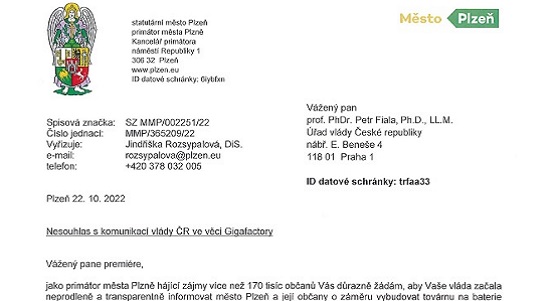 Primátor Plzně zaslal otevřený dopis premiérovi kvůli Gigafactory