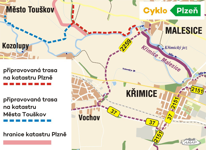 Mapa jednoho z připravovaných cykloprojektů - cyklostezka z Malesic na hranice města směrem k Městu Touškov