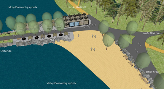 Město začíná se stavbou nového stánku na hrázi Boleveckého rybníka