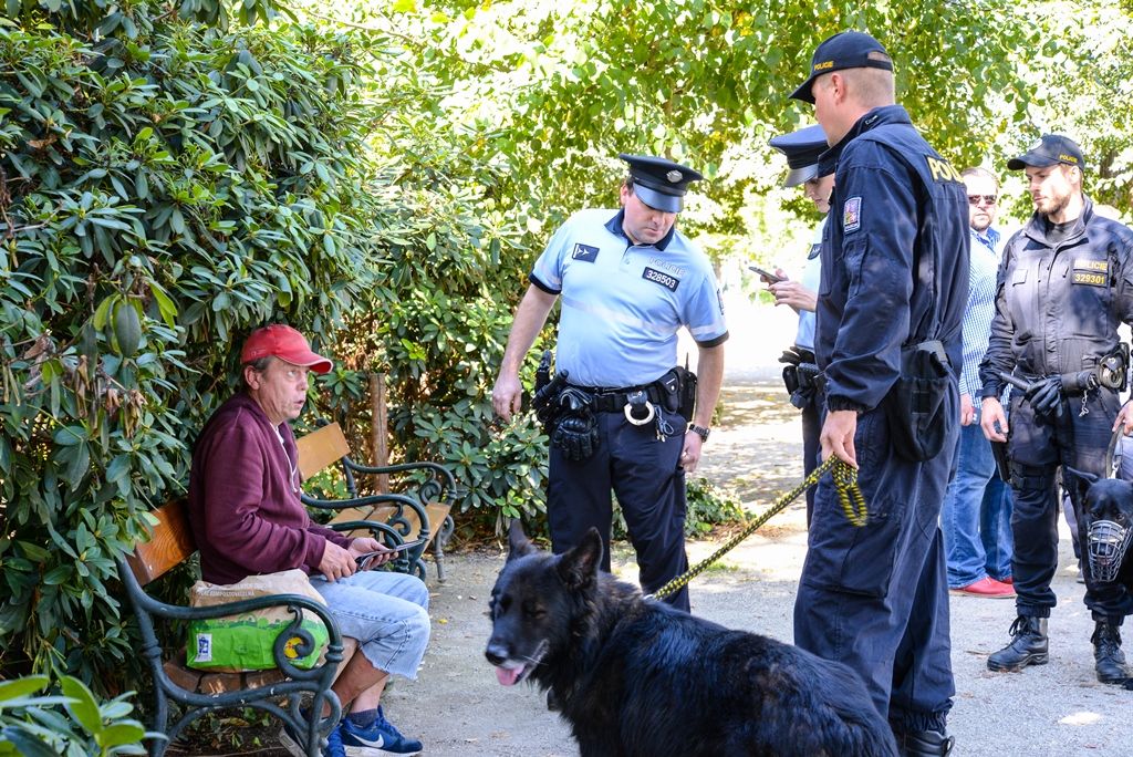 Preventivní kontrola osob bez domova v sadovém okruhu (foto: M. Pecuch, 10.9.2018)