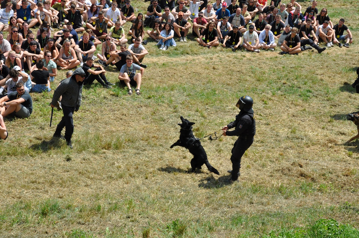 Fotbalový zápas. Vyhrocená atmosféra. Potyčka. Dva fotbaloví chuligáni vytahují střelné zbraně a pálí do lidí… Takový byl námět taktického cvičení AMOK 2022. (foto: H. Josefová, 23.6.2022)