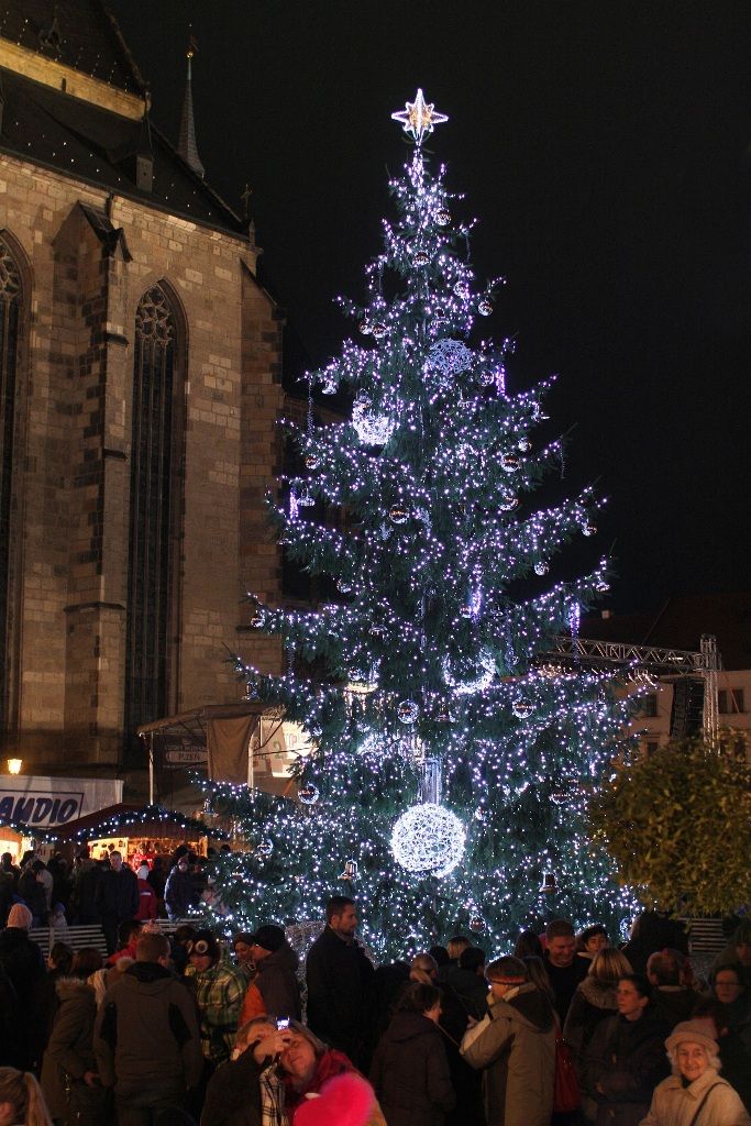 V Plzni začal advent, období ztišení, klidu, rozjímání, rozsvícením čtrnáctimetrového smrku primátorem Martinem Baxou a biskupem Františkem Radkovským za pomoci dětí z denního stacionáře Človíček. (foto: M. Böhm, 1.12.2013)