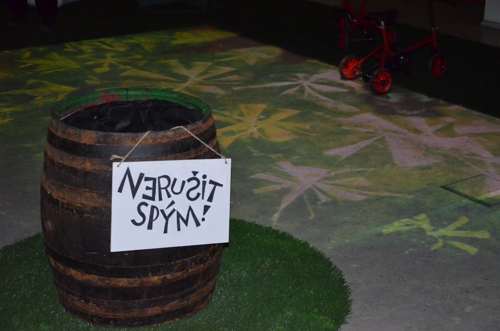 Trpaskop, štěkafon v původní Trnkově skříni, mluvící velryba nebo sloni tančící rockenroll, k tomu možnost jezdit na tříkolce a snažit se dohonit animovaného kocoura. Expozici, která rozhýbala příběh jedné z dodnes nejoblíbenějších Trnkových knih, dětské klasiky Zahrada, připravili jeho syn Jan a vnuk Matyáš. Shodně ji nazývají „Originální kybernetoskop“, tedy unikátní instalace na pomezí divadla, výstavy a animovaného filmu. (foto: E. Kriegerová, 26.2.2015)