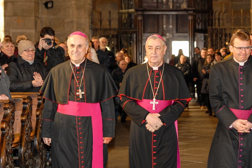 Plzeňská diecéze bude mít nového biskupa. Františka Radkovského střídá Tomáš Holub, generální sekretář České biskupské konference, farář pražské baziliky svatého Petra a Pavla a děkan Kolegiátní kapituly na pražském Vyšehradě. Biskupem plzeňské diecéze ho dnes jmenoval papež František, v pravé poledne byl představen v katedrále sv. Bartoloměje v Plzni. Dojemnému a historickému okamžiku přihlíželo několik stovek lidí. Mezi prvními vyjádřili podporu novému biskupovi primátor města Martin Zrzavecký spolu s náměstkem Petrem Náhlíkem. (foto: 12.2.2016)