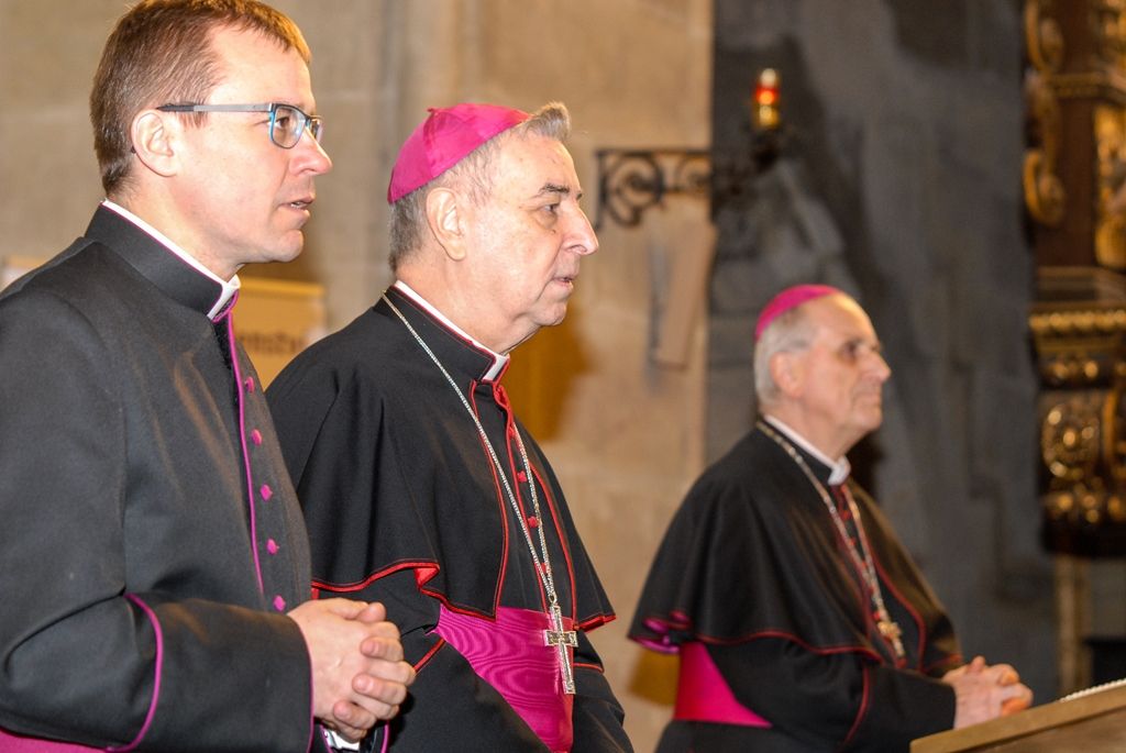 Plzeňská diecéze bude mít nového biskupa. Františka Radkovského střídá Tomáš Holub, generální sekretář České biskupské konference, farář pražské baziliky svatého Petra a Pavla a děkan Kolegiátní kapituly na pražském Vyšehradě. Biskupem plzeňské diecéze ho dnes jmenoval papež František, v pravé poledne byl představen v katedrále sv. Bartoloměje v Plzni. Dojemnému a historickému okamžiku přihlíželo několik stovek lidí. Mezi prvními vyjádřili podporu novému biskupovi primátor města Martin Zrzavecký spolu s náměstkem Petrem Náhlíkem. (foto: 12.2.2016)