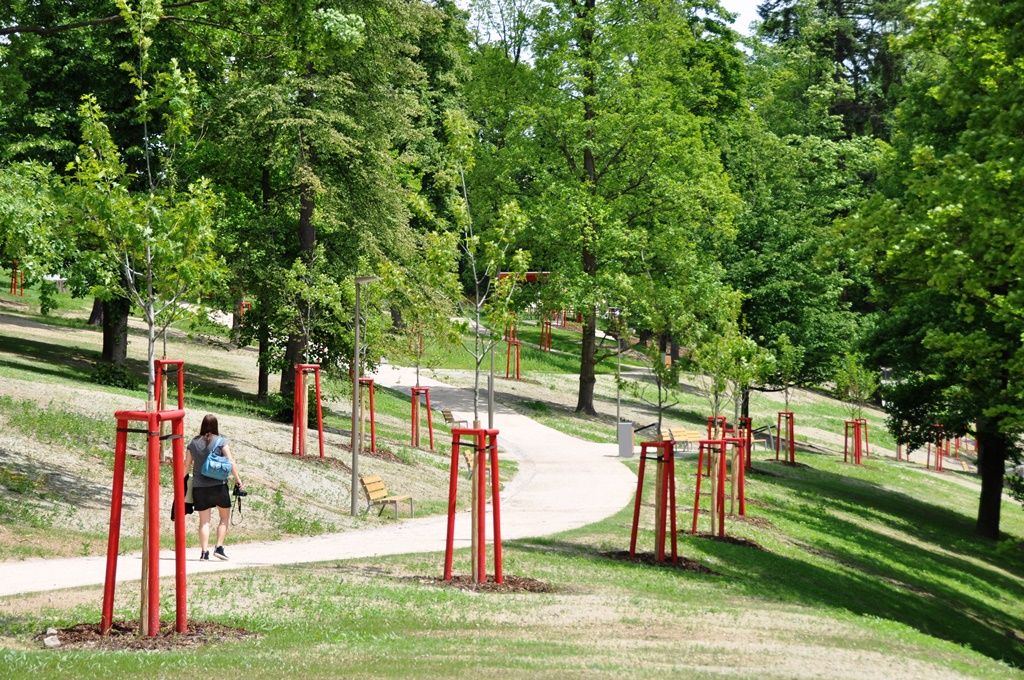 Lochotínský park v Plzni má novou tvář, město dokončilo rozsáhlou obnovu. Úpravy odpočinkové lokality, jež se nachází v těsné blízkosti zoologické zahrady a velkého amfiteátru pro více než 15 tisíc lidí, zahrnuly rekonstrukci hudebního pavilonku, obnovu cest, pořízení tzv. Artušova stolu neboli kamenné skulptury z dílny Václava Fialy, ale také kompletní zásah do parkové zeleně. Stavba vyšla na 29 milionů korun včetně DPH. Financována je z peněz EU, město Plzeň uhradí 15 procent ceny stavby. (foto: E. Kriegerová, 2.6.2015)