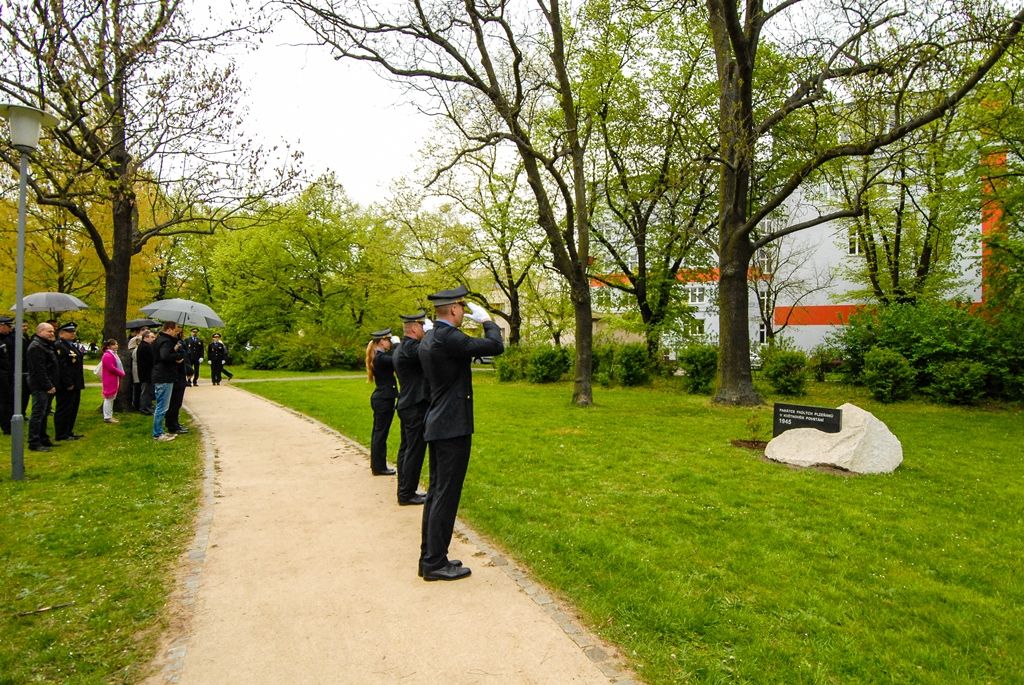 Položit květiny u nově vybudovaného pomníku, jenž je věnován památce padlých Plzeňanů v květnovém povstání roku 1945, se rozhodli představitelé města Plzně, městské a státní policie. Nedávno dokončený památník tvoří upravený přírodní balvan nepravidelného formátu z místního kamene, do kterého je vložena kamenicky opracovaná leštěná deska. Umístěn je na náměstí Míru v blízkosti Purkyňova pavilonu. Vybudovat ho nechalo město prostřednictvím Správy veřejného statku města Plzně, podnět vzešel od zastupitelů v čele s Janou Bystřickou. Z vedení radnice se vzpomínkového setkání zúčastnili primátor města Martin Zrzavecký a jeho první náměstek Martin Baxa. (foto: 4.5.2016)