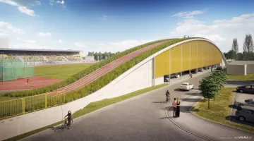 Výstavba východní tribuny atletického stadionu v Plzni na Skvrňanech 