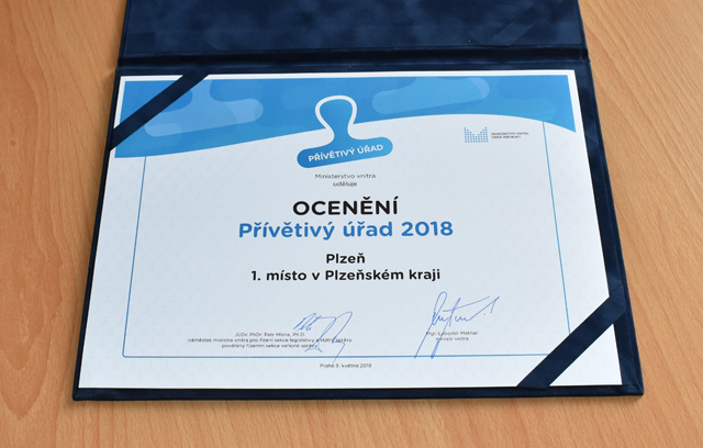 Ocenění Přívětivý úřad 2018, 1. místo v Plzeňském kraji (foto: A. Jarošová)