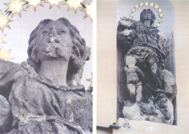 Socha Immaculaty na hlavním průčelí kostela Nanebevzetí Panny Marie