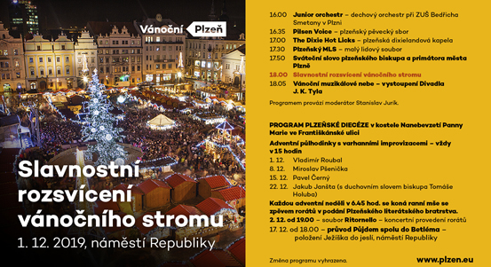 Plzeň rozsvítí vánoční strom na náměstí Republiky v neděli 1. prosince