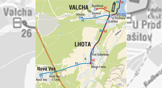 Na Novou Valchu jezdí z Bor od 1. září 2022 autobus linky č. 42. Od ledna 2023 dojede až na vzdálenější konec Lhoty