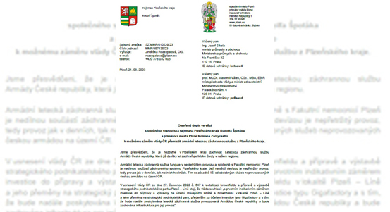 Primátor města Plzně a hejtman Plzeňského kraje učiní všechny kroky, aby byla Letecká záchranná služba Armády ČR v kraji zachována