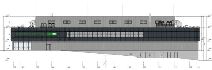 Architektonicko stavební řešení - pohled západní (zdroj: Odbor správy infrastruktury Magistrátu města Plzně) 260130_Hala_Talent_Arch_Stav_reseni_Zapadni_pohled