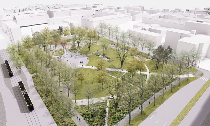 Vizualizace náměstí Míru (zdroj: FLERA, s. r. o. / DICE25 architects, s. r. o.) 260514_Namesti_Miru_nadhled_1