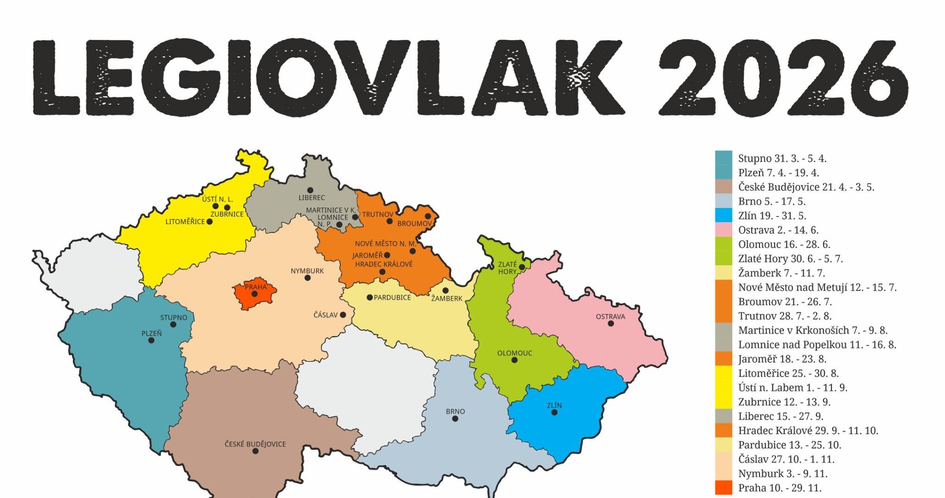 Legiovlak 2026 - schedule, from March 31 at Stupno, from April 7 at Pilsen