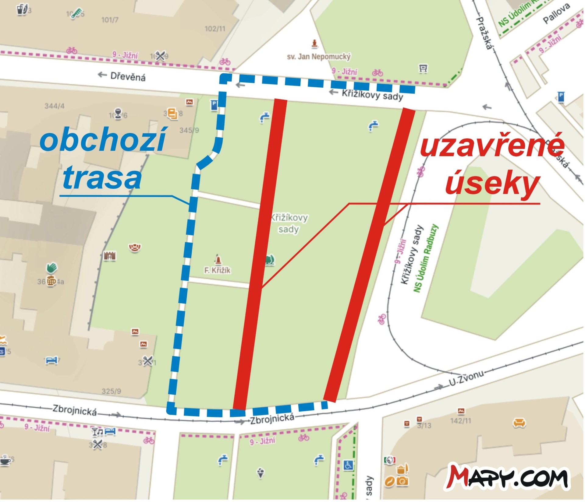 250716_MAPA_pěšoDIO_Krizikovy sady 25 A4_FINca_jenMAPKA