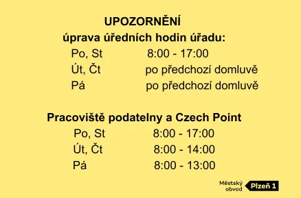 Upozornění: Úprava úředních hodin úřadu