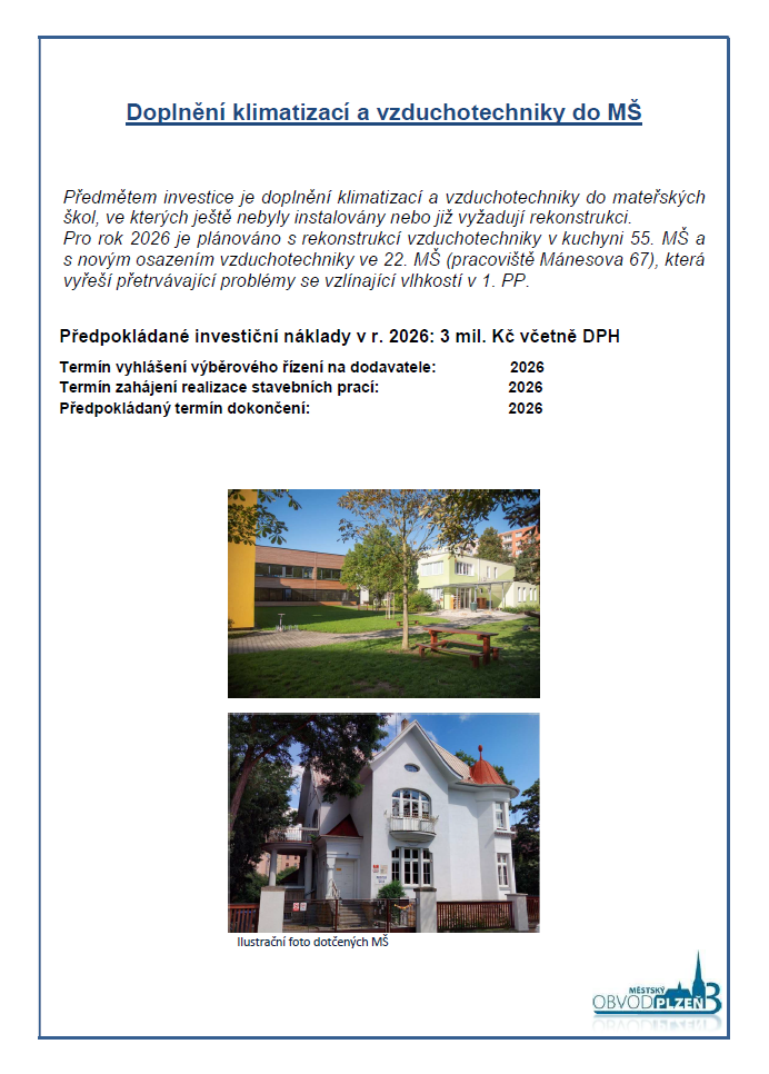 Doplnění klimatizací a vzduch. do MŠ Doplnění klimatizací a vzduch. do MŠ
