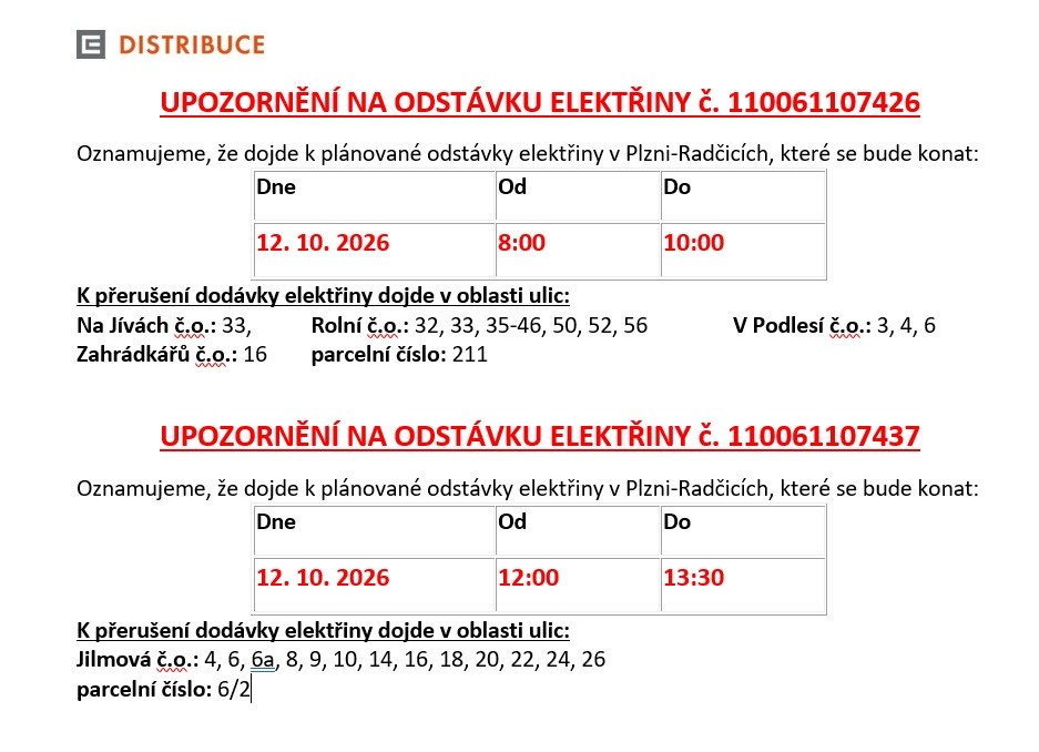 Informace o přerušení dodávky elektřiny Informace o přerušení dodávky elektřiny