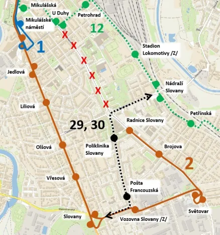 mapa 1, 2 výluka Koterovská 2024