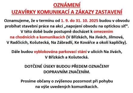 Oznámení - uzavírky komunikací a zákazy zastavení