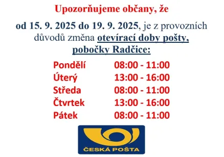 Upozornění - dočasná změna otevírací doby pošty, pobočka Radčice (od 15. 9. do 19. 9. 2025)