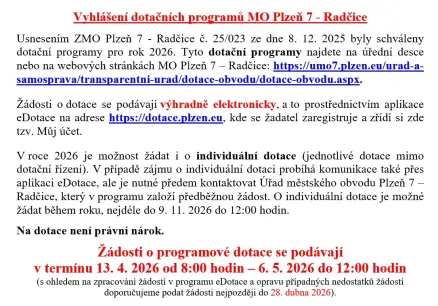 Vyhlášení dotačních programů Městského obvodu Plzeň 7 - Radčice na rok 2026