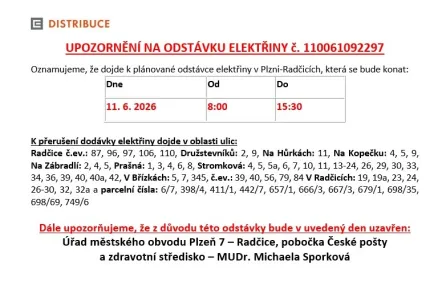 Upozornění na odstávku elektřiny 11. 6. 2026