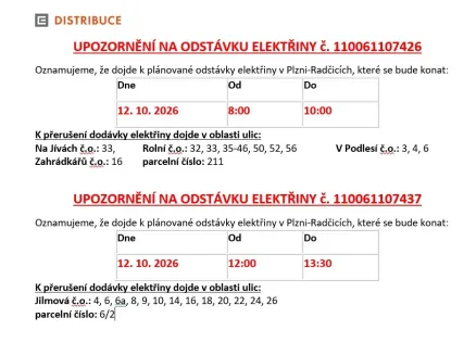 Informace o přerušení dodávky elektřiny dne 12. 10. 2026