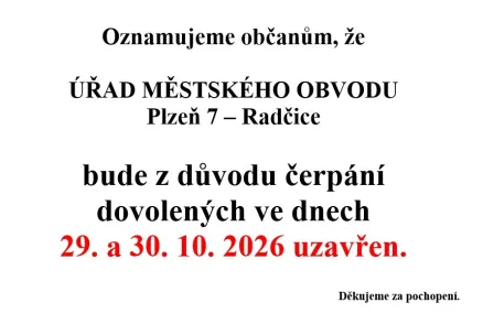 Oznámení - uzavření úřadu z důvodu čerpání dovolených