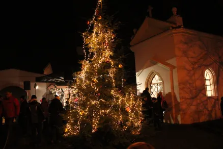 Vánoční strom na Selské návsi už září