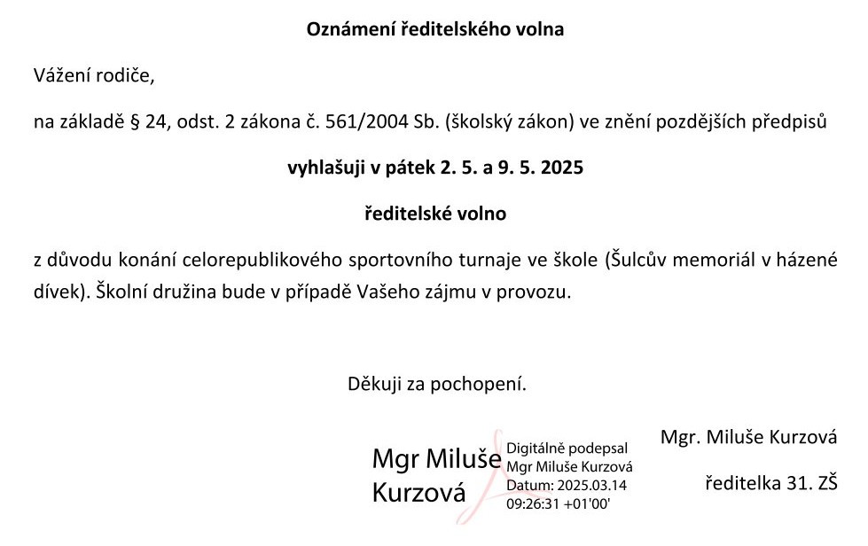 Oznámení ředitelského volna 2025