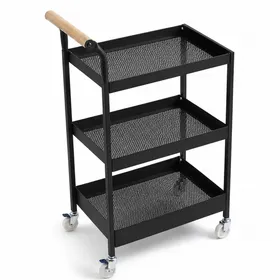 3 Tier Rolling Storage Cart with Metal Mesh Baskets & Wooden Handle