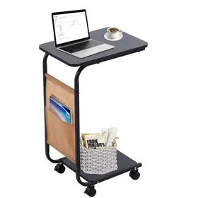 C Shaped Side Table Couch End Table Bedside Table with Storage Bag & Wheels