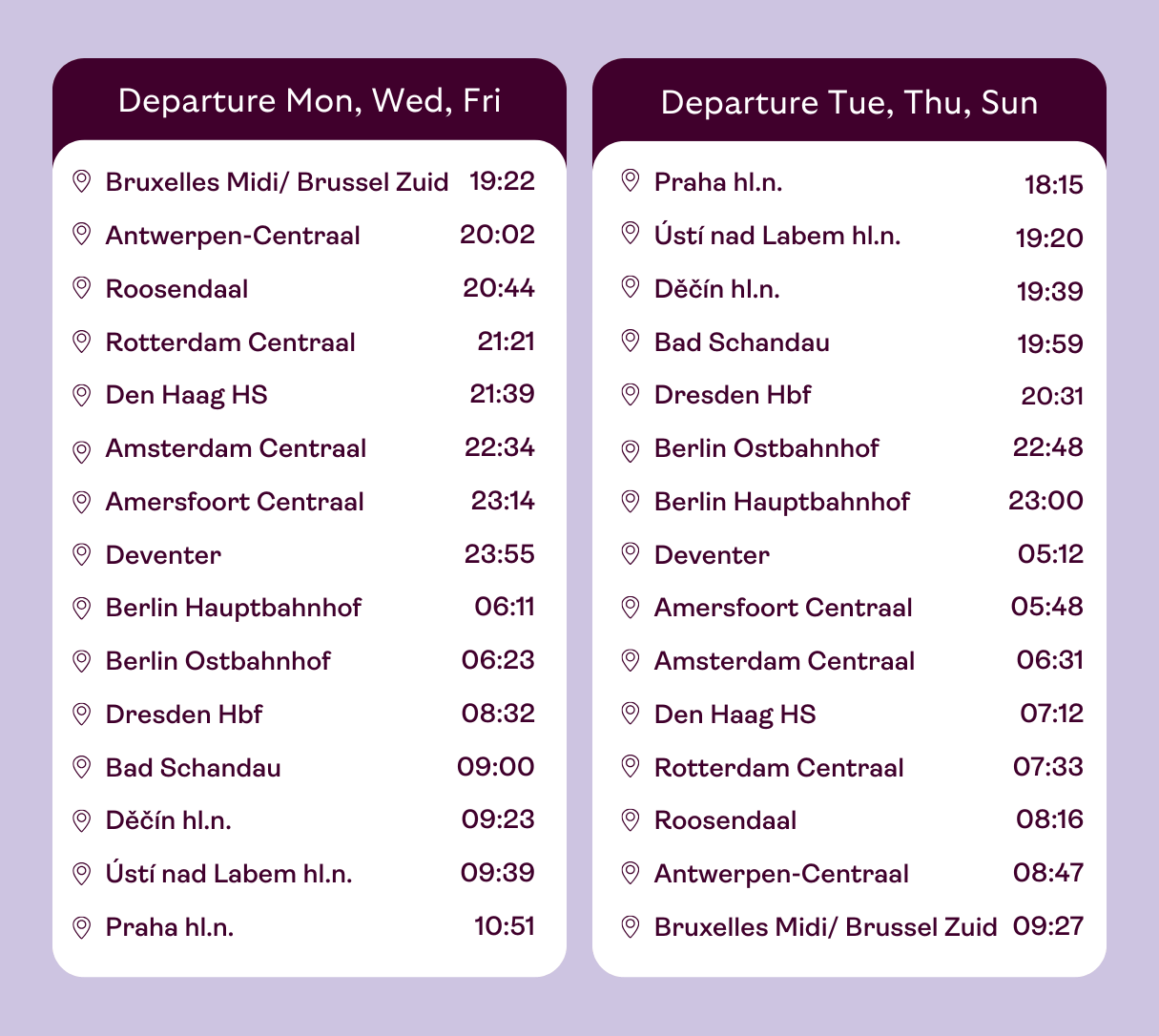 Standard annual timetable Brussels - Prague