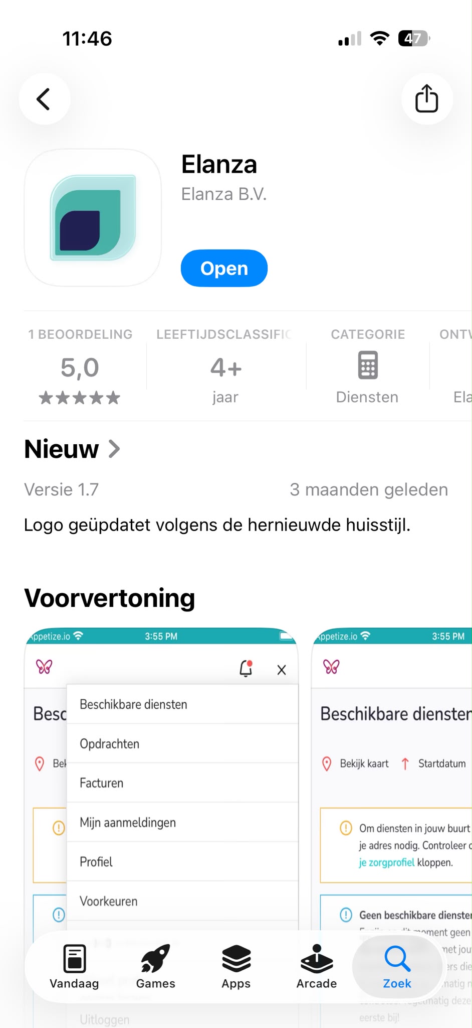 Schermafbeelding van de Elanza App in de appstore