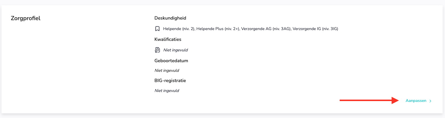 Schermafbeelding van het onderdeel Zorgprofiel met de knop Aanpassen