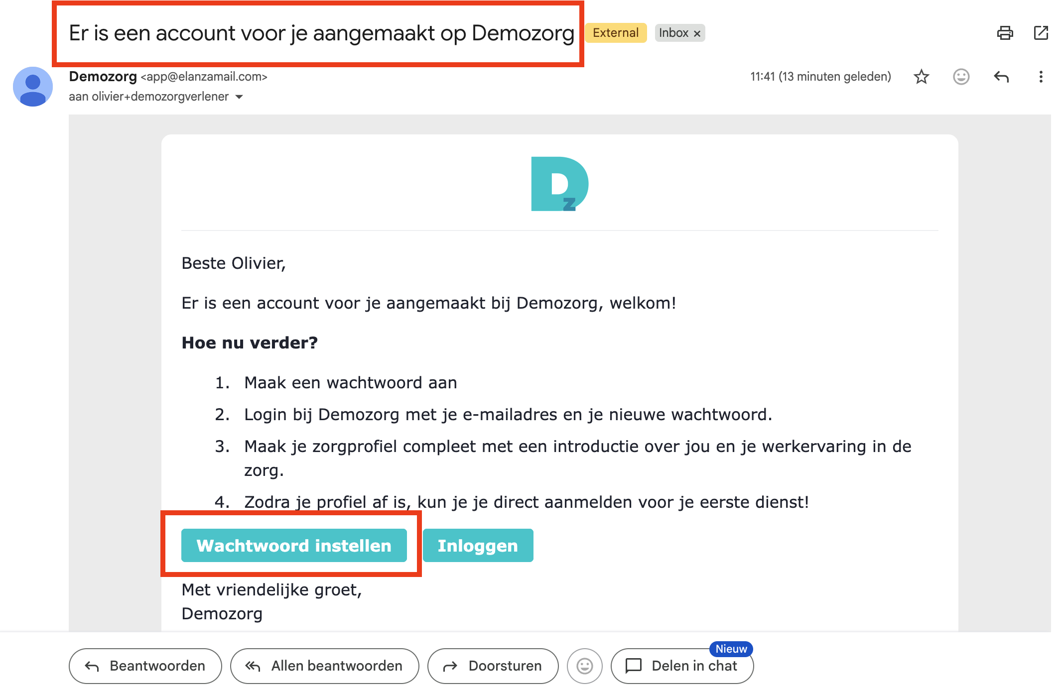 E-mail met de knop Wachtwoord instellen