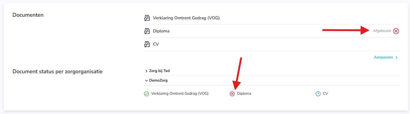 Schermafbeelding van een afgekeurd document