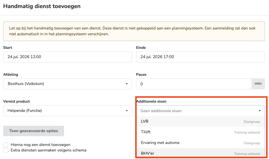 Scherm waarin je additionele eisen toevoegt aan een dienst
