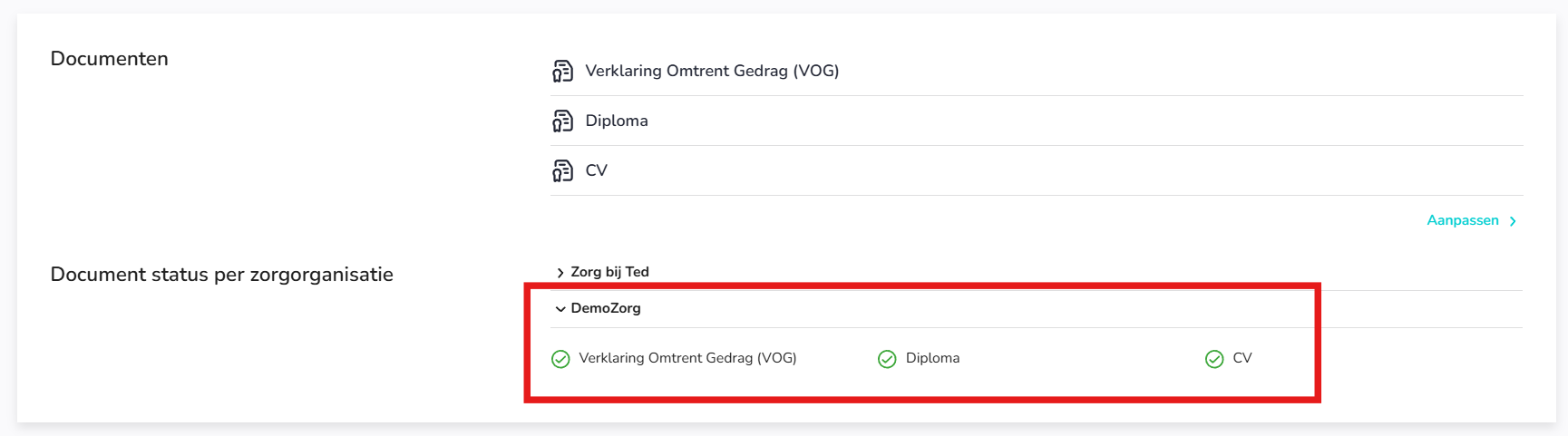 Schermafbeelding van een goedgekeurd document