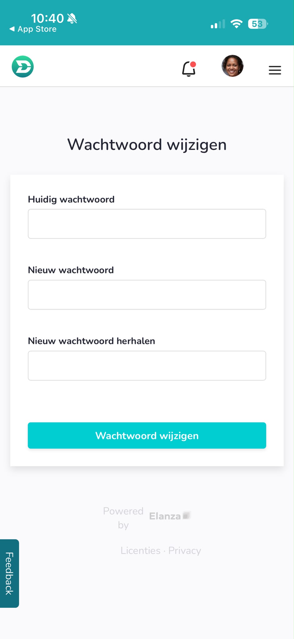 Schermafbeelding van het scherm Wachtwoord wijzigen in de Elanza App