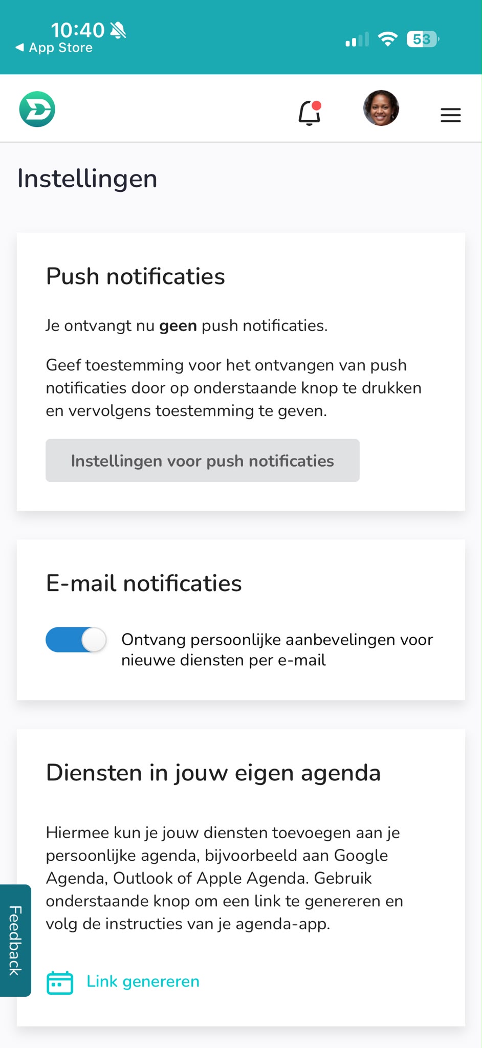 Schermafbeelding van de pagina Instellingen in de Elanza App met push notificaties, e-mail notificaties en agenda