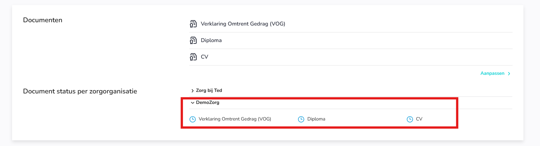 Schermafbeelding van een documentregel met een blauw klokje-symbool