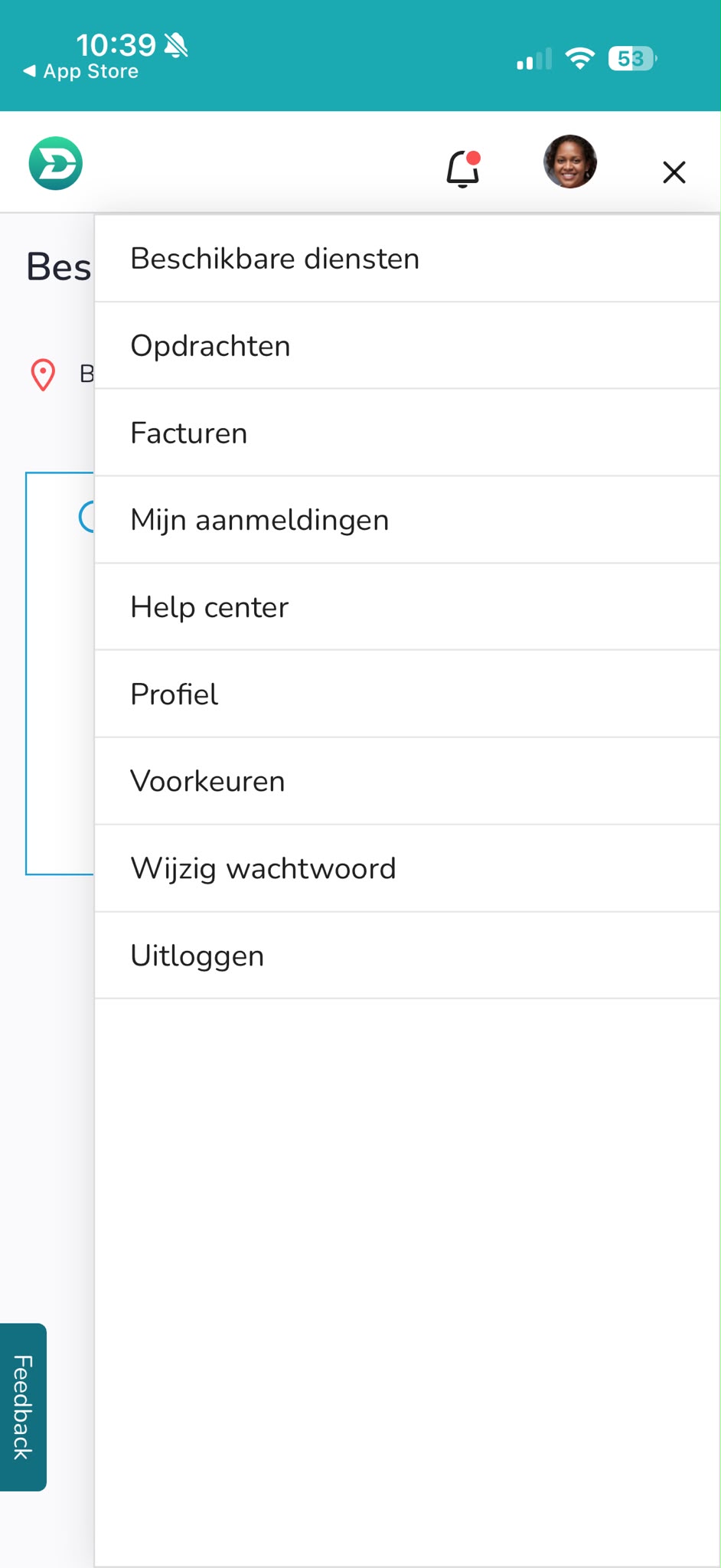 Schermafbeelding van het geopende menu in de Elanza App