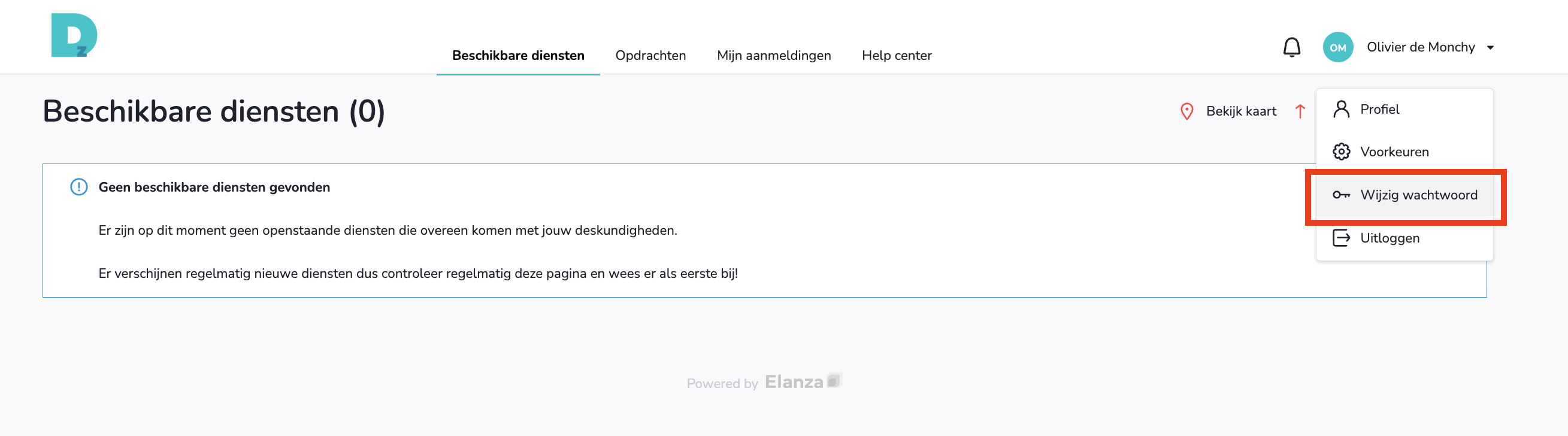 Menu rechtsboven met de optie Wijzig wachtwoord