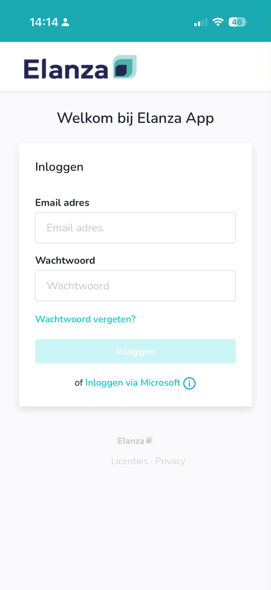 Schermafbeelding van de inlogpagina van de Elanza App