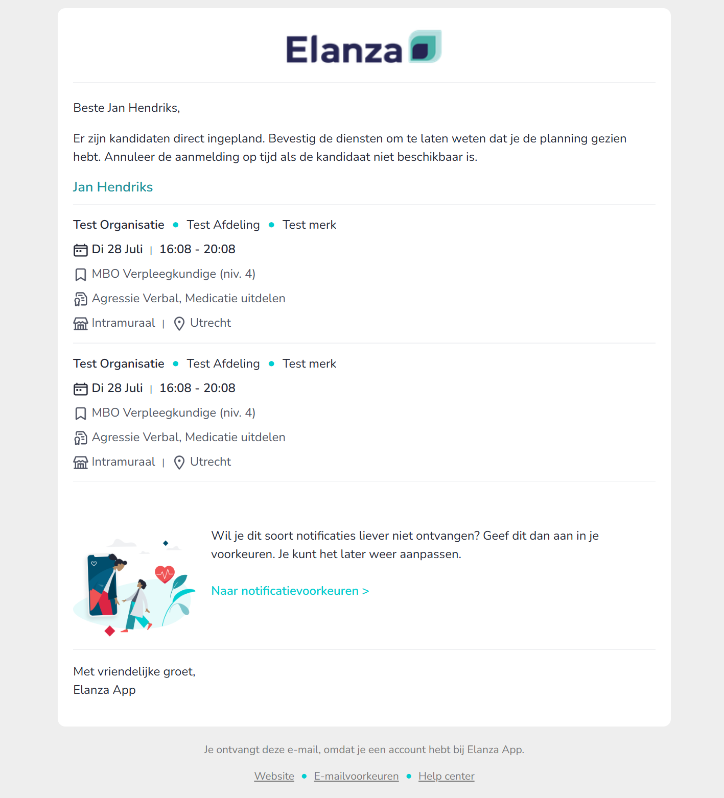 Schermafbeelding van de e-mail over direct ingeplande diensten