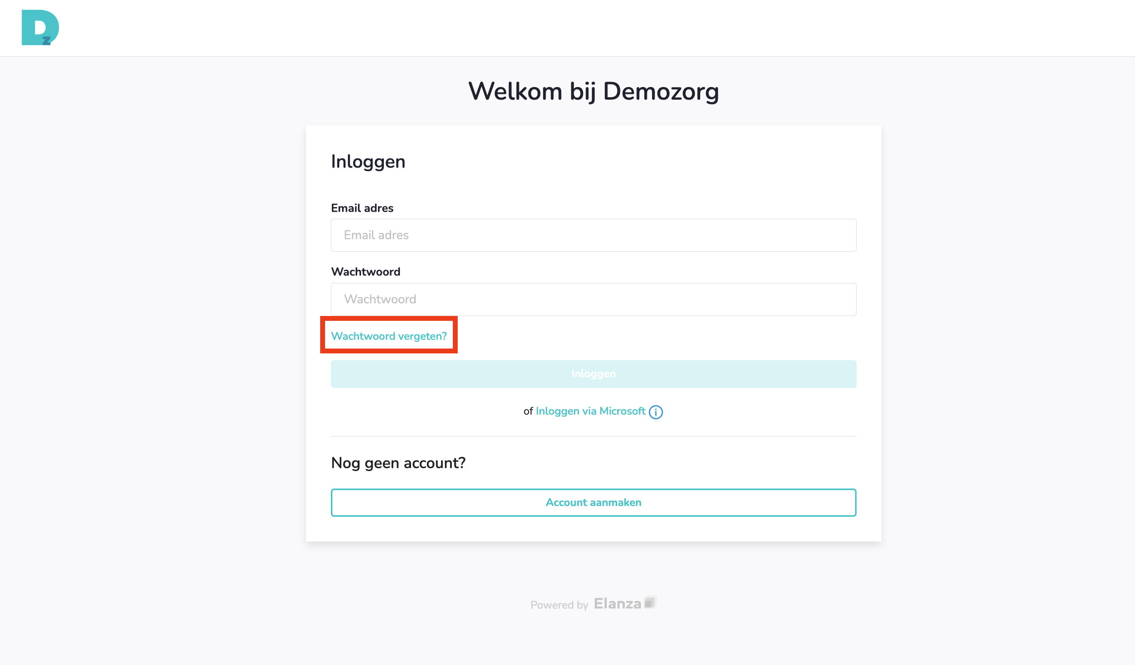 Inlogpagina van Elanza met de link Wachtwoord vergeten